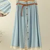 Skirts Summer Women Cotton Denim Skirt Lace Patchwork Single Breasted Pleated Jean Long