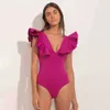 Women's Swimwear V-Neck Solid Color Ruffle One Piece Swimsuit Sexy High Waist Open Back Beach Swimwear Push Up Blouse Elegant Summer 2022 T230303