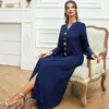 Roupas étnicas dubai abayas for women marinho decote azul diamantes manto vestido muçulmano do Oriente Médio femme musulmane vestido