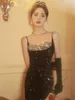 Black Shiny Mermaid Evening Dresses Sequined Bling Spaghetti Strap Side Slit Night Club Party Sexy Charming Celebrity Prom Gowns