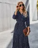 Casual Dresses Polka Dot Midi Dress for Women Spring Fashion Three Quarter V Neck With Belt Elegant Ladies Boho Beach Vestidos