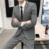 Men's Suits Blazers Jacket Vest Pants Men's Groom Wedding Dress Plaid Formal Suits Set Men Fashion Casual Business Slim Suit Three-piece 230303