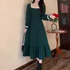 Casual Dresses French Vintage Elastic Waist Green Midcalf Dresses Sequare Collar Lace Mori Girl Style Women's Clothing Lantern Sleeve Pullover Z0216