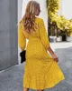 Casual Dresses Polka Dot Midi Dress For Women Spring Fashion Three Quarter V Neck With Belt Elegant Ladies Boho Beach Vestidos