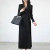 Casual Dresses Spring Autumn Office Lady Notched Ol Dress Women Long Double Breasted Black Maxi