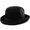Boinas Simple Australia Lana Fieltro Negro Bowler Hat para hombres Mujeres Pluma Satén Forro Casual Formal Fedora 56-58 cm