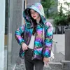 Women's Trench Coats Women Winter Jacket Hooded Tie Dye Shiny Fabric Parkas Thick Warm Down Cotton Jackets Zipper Padded Cold Outwear
