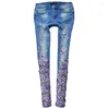 Jeans da donna Donna Paillettes con strass viola con matita skinny con diamanti in cristallo 25-30