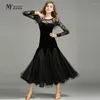 Stage Wear Sexy Elegent Long Sleeve Lace Velvet Dance Black Ballroom Dress