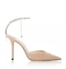 Sapatos de verão Mulher designer de luxo de sandália Crystal embelezado tornozelo de salto alto sapato de festa de casamento bombas pontudas de calcanhar sexy eu35-43