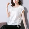 Kvinnors T-skjortor 2023 High-end satin Silk T-shirt Löst smockad kortärmad tunn fast färg Topp koreansk vintage streetwear
