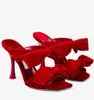 Summer Luxury Flaca Sandals Shoes Women Stiletto klackar Velvet Bows Mules Square Toe toe Tisters Evening Dress Lady Sexy Sandalias EU35-43