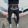 Jeans masculinos Mans Jeans pretos elásticos Drill slim fit drill punk streetwear calça calças de penhas de hole de hole de jeans 230302