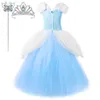 Girl's Dresses Cinderelle Long Tutu Dress for Girls Halloween Christmas Come Princess Ball Gown with Puff Sleeve Kids Party Dress Up Outfit W0224