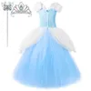 Vestidos de menina Cinderelle Long Tutu Dress for Girls Halloween Christmas Come Princess Ball vestido com manga de puff Kids Festy Dress Up Fort W0224