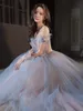 Fairy Blue Sexy Evening Dresses 3D Applique Tulle Off Shoulder Strapless Shiny Sequined 2023 Women A-Line Long Party Prom Gowns