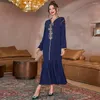 Etniska kläder Navy Blue Arab Fashion Diamonds Pleched Dress Mellanöstern Abayas för kvinnliga aftonklänningar Muslimsk mantel Femme Musulmane