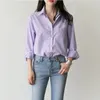 Blouses Femme Chemises Printemps femmes Blouse rayé col rabattu bureau montre de sport à manches longues femmes chemises violet clair mode femme hauts blusas 230303