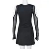 Casual Kleider Xiktop Hohl Mesh Langarm Tiefem V-ausschnitt Mini Für Frauen 2023 Mode Sexy Schwarz Kleid Party Nacht clubwear Großhandel