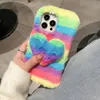 3D liefde hart strepen pluizig bont hoesjes voor iphone 15 14 pro max 13 12 11 xr xs x 8 7 plus mode zachte tpu regenboog dier bling diamant echt konijnenhaar schattig mooie cover