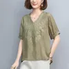 Женские блузки 2023 Лето пуговица китайский стиль свободные рубашки рубашки льняные кружевные женщины винтажные тонкие топы V-образное обратное рукав