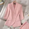 Women's Two Piece Pants Yellow Suits Women 2023 Spring Summer Fashion Temperament Slim Business Half Sleeve Blazer And Office Ladies Work