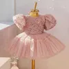 Girl's Dresses Girls 'paljett Bubble Sleeve Princess Kjol 2023 Ny high-end mode Sweet Puffy kjol Banket värd Baby Birthday Party Dress W0224