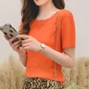 Women's Blouses Simple Style Women Summer Chiffon Shirts Lady Casual Short Sleeve O-Neck Blusas Tops Orange Navy Red DF2658