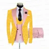 Men's Suits Yellow Floral Jacquard Men Groom Wedding Set Custom Slim Fit Formal Male Shiny Prom Dinner Suit Blazer Vest Pants 3 Pieces