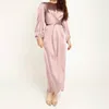 Casual Dresses Sexy Women Satin Lace Up Maxi Dress Elegant Long Sleeve Turkish Muslim Jilbab Silky Party Robe