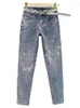 Frauen Jeans 2023 Frühling Herbst Frauen Elastische Hohe Taille Neun Punkte Hosen Schwere Industrie Strass Skinny Womens Denim Overalls