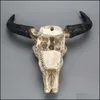 Craft Tools Resin Longhorn Cow Skl Head Wall Hanging Decoration 3D Animal Wildlife Scpture Figurines Crafts Horns For Home Decor T20 Dhhkr