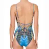 Women's Swimwear Fashion Blue Printed Backless Bikini Set Women One Piece Swimsuit Summer Beach Outfits V-neck Bathing Suits Luxury Swimwear Slim T230303