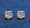 패션 스터드 리얼 Moissanite Earrings 14K 화이트 골드 도금 스털링 실버 4 프론관 다이아몬드 귀걸이 남성 귀