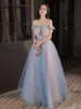 Fairy Blue Sexy Evening Dresses 3D Applique Tulle Off Shoulder Strapless Shiny Sequined 2023 Women A-Line Long Party Prom Gowns