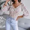 Blouses pour femmes femmes automne hiver Sexy col en V noué haut en mousseline de soie florale dames à manches longues tout Match mode