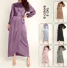 Casual Dresses Sexy Women Satin Lace Up Maxi Dress Elegant Long Sleeve Turkish Muslim Jilbab Silky Party Robe