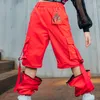 Vêtements de scène Hip Hop Vêtements de danse pour filles Gilet en treillis rouge Net Tops Cargo Pantalons Enfants Street Hiphop Vêtements Jazz Show Outfit304I