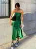 Casual Dresses FSDA 2021 Midi Green Satin Backless Dresses Women Sleeveless Off Shoulder Club Sexy Bodycon Dress Party Summer Outfits Z0216