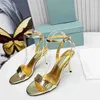 Designer Sandals Silver High Heels Brushed Leather Stiletto Ankle Strap Sandal Open-Toes Rhinestone Shoes Golden Pumps