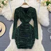 Casual Dresses Autumn Winter Sexy Fashion Elastic Tight Hip Wrap Club Sequin Dress Lady Long Sleeve V-neck Evening For Christmas PartyCasual