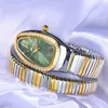 Mujeres de pulsera Cabeza de serpiente Mujer Goldia de pulsera y pulsera plateada Relojes Lady Green Dial Diamond Fashion Farty Quartz Watcheswristwat