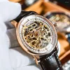 Montres-bracelets Reef Tiger / RT Skeleton Montre automatique Rose Gold Brown Bracelet en cuir Poignet Ultra Mince Unique Hommes RGA1975