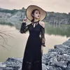 Casual Dresses Gothic Black Mesh Lace Dress Halter Long Sleeve Hollow Out Elegant Vintage Lolita Sex Party 2023