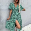 Vestidos casuais khalee yose vestido de embrulho estampado floral boho vintage outono chic mulheres verde dividir vasta vil de férias sexy mulheres mulheres