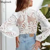 Women's Blouses Spring Elegant Crochet Hollow Out Cropped Shirt Women Casual Long Sleeve Lace Top Turtleneck White Female Blusa 16296