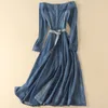 Sukienki swobodne kobiety kwiat haft haft slash szyja długie dżinsowe dżinsy sukienka vintage z ramion A-line