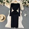 Casual Dresses Spring Autumn Korean Style Knitting Midi Dress V Neck Long Sleeve Solid Ladies Knit Elegant Office Black