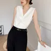 女性用ブラウスオフィスレディーワーキングシルクシャツフレンチファッションセクシーなVネックアセテートサテンベストトップエレガントな白いシフォンブラウス
