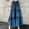 Röcke 2023 Sommer Vintage Gesmokt Denim Ballkleid Rock Frauen Elastische Taille Nähte Lange Kuchen